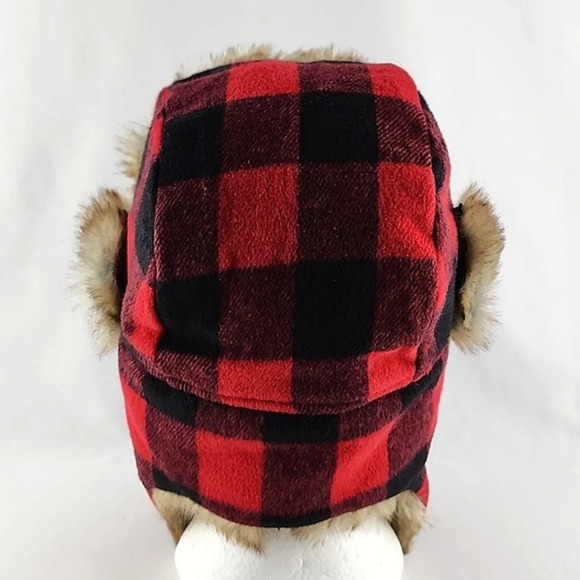 Old Navy Red Black Cherckered Trapper Winter Hat Faux Fur Size L - XL - Picture 4 of 10